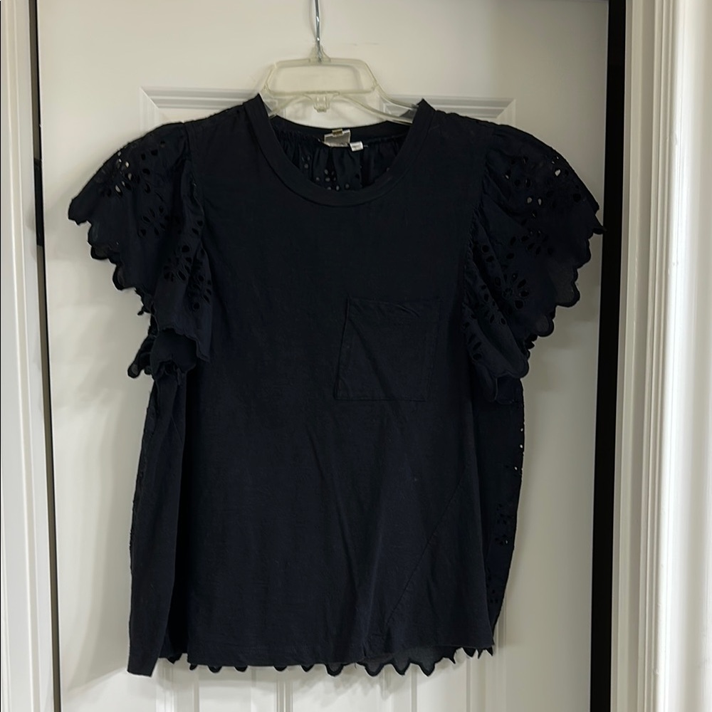 Anthropologie Black Flutter Sleeve Ruffled Blouse
